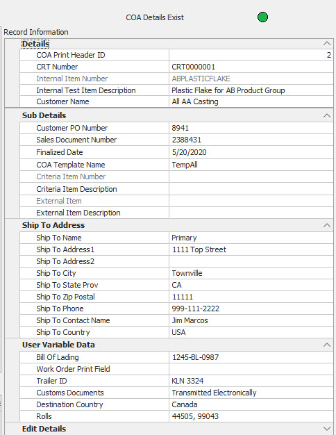 COA Details Exist form